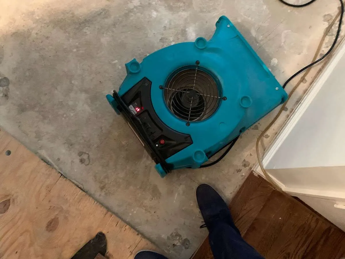 Air mover drying subfloor during Commercial Water Damage Restoration in Wyndham